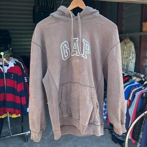 VTG GAP Hoodie Sunfaded Thrashed Brown Washed Logo Pullover Sweatshirt Men's M
